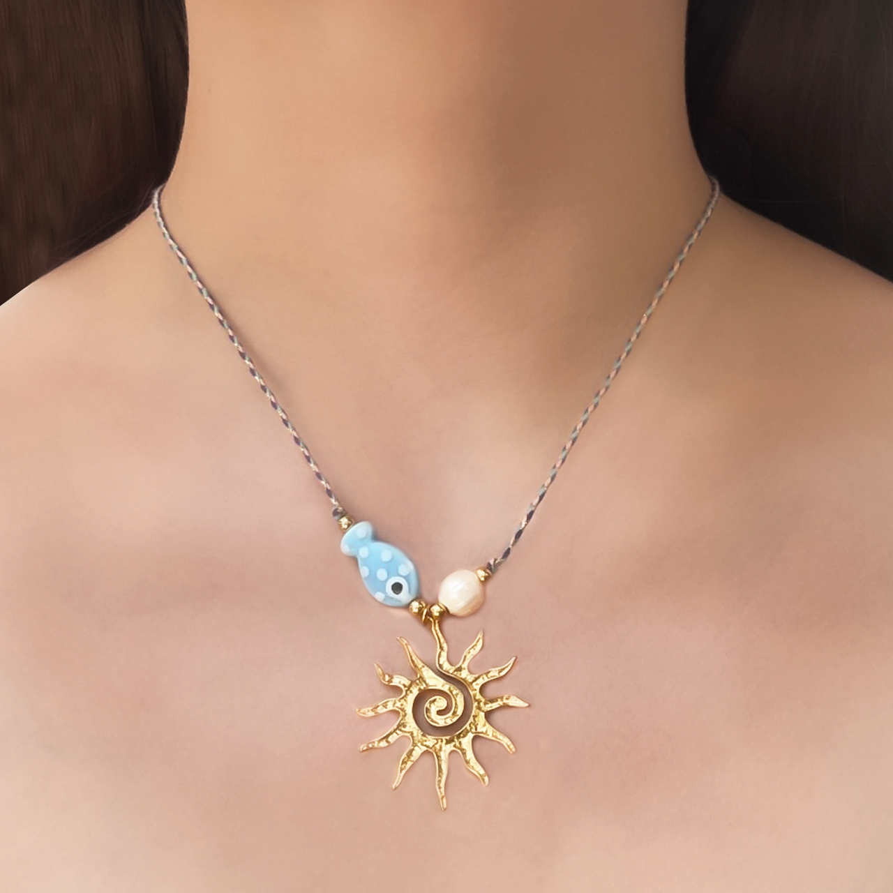 Collar de Hilo Sol Pez Perla Acero Inoxidable 3E2