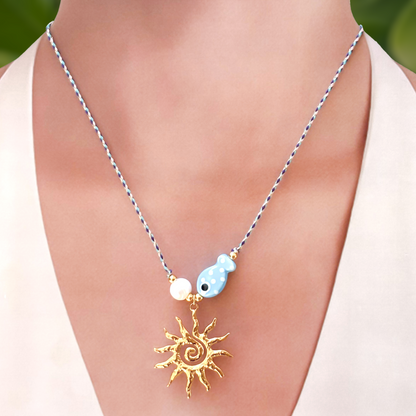 Collar de Hilo Sol Pez Perla Acero Inoxidable 3E2
