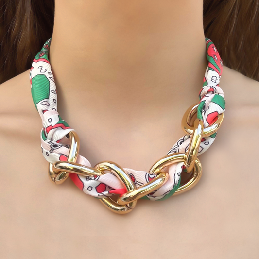 Collar o Pulsera Cinta Estampada con Cadenas Doradas  1o8