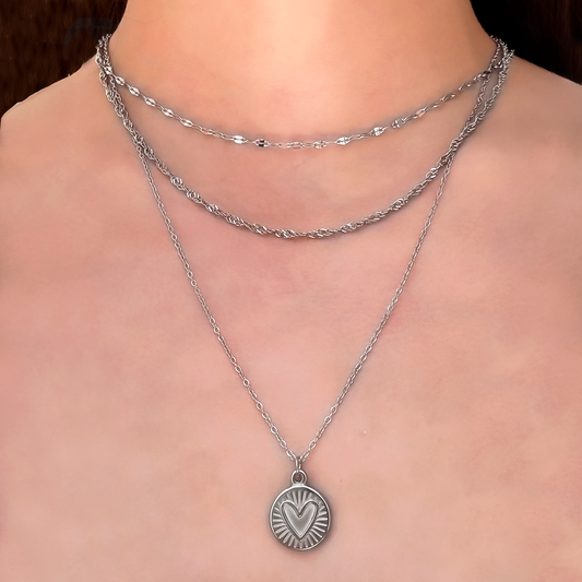 Collar Layer Plateado Corazon Acero Inoxidable 1C4