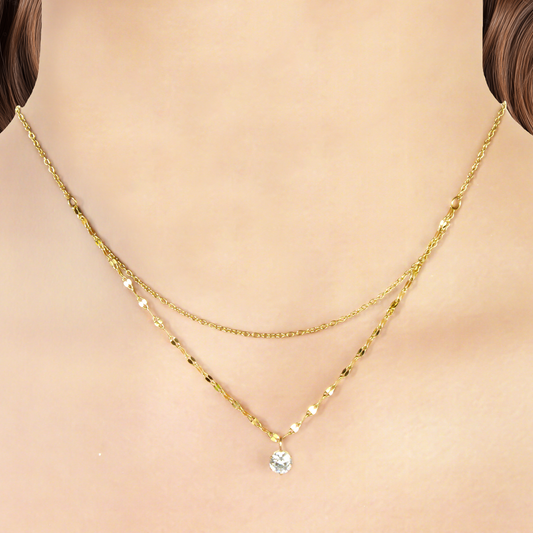 Collar Doble Dorado con Zirconia Acero Inoxidable 1Q1