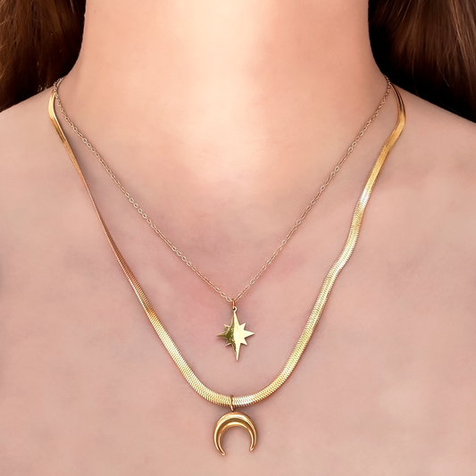 Collar Layer Estrella y Luna Dorado Acero Inoxidable 1M8
