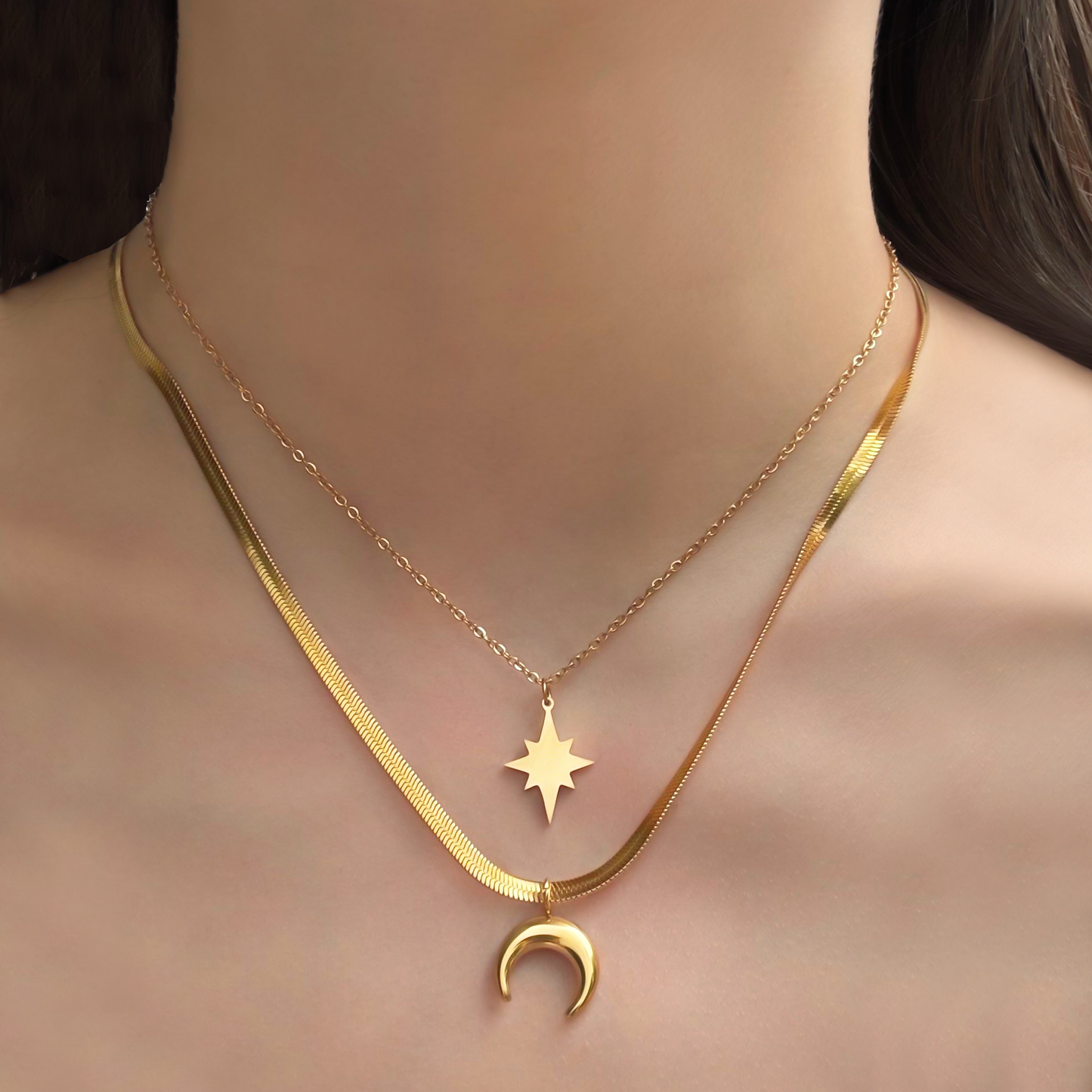 Collar Layer Estrella y Luna Dorado Acero Inoxidable 1M8