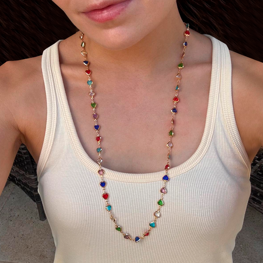 Collar Dorado y Cristales Corazones de Colores   2u8