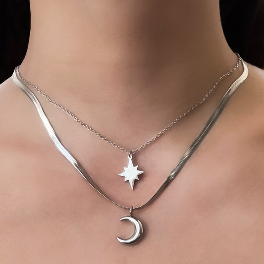 Collar Layer Luna y Estrella Plateado Acero Inoxidable 1N8