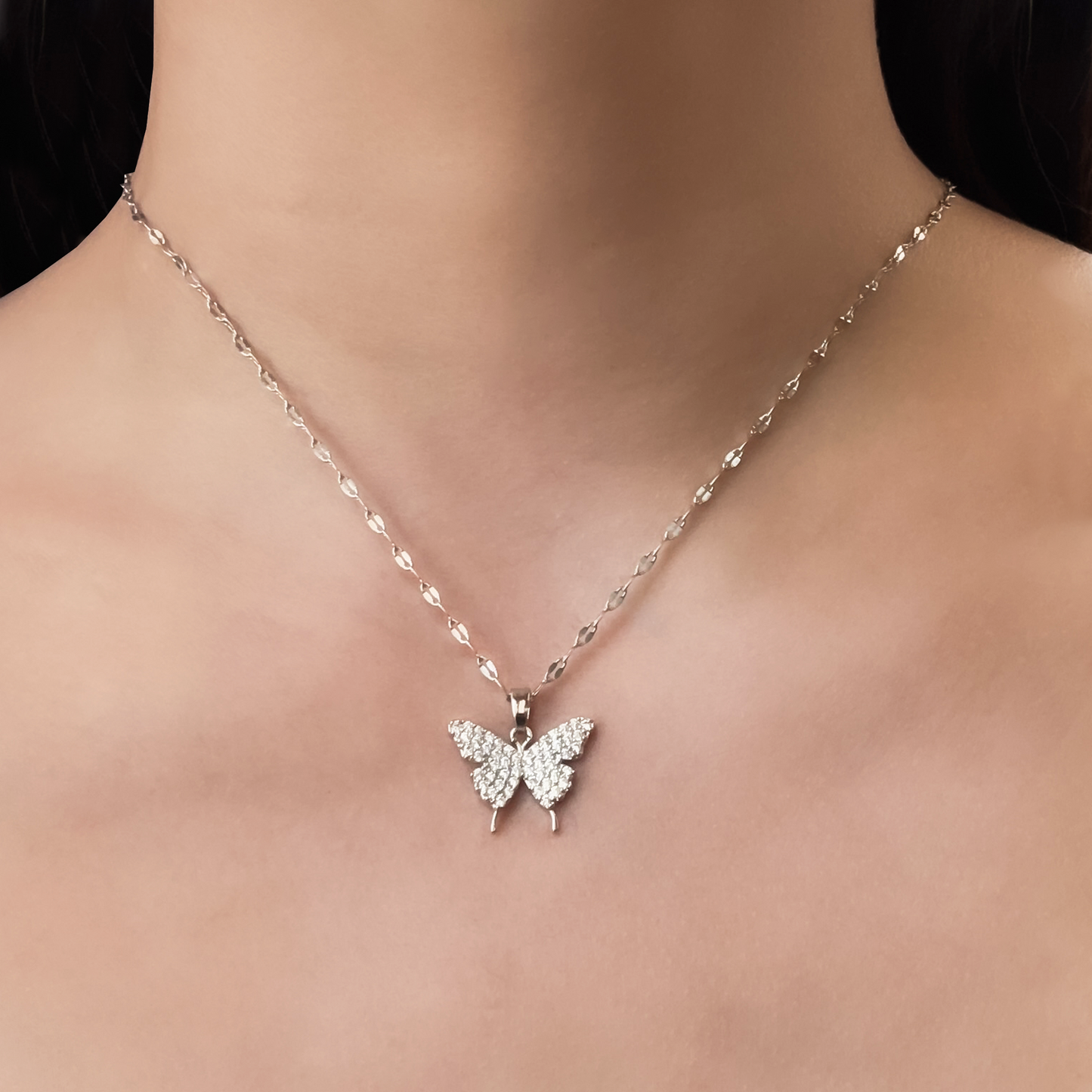 Collar Mariposa Brillante Plateada Acero Inoxidable 1R8