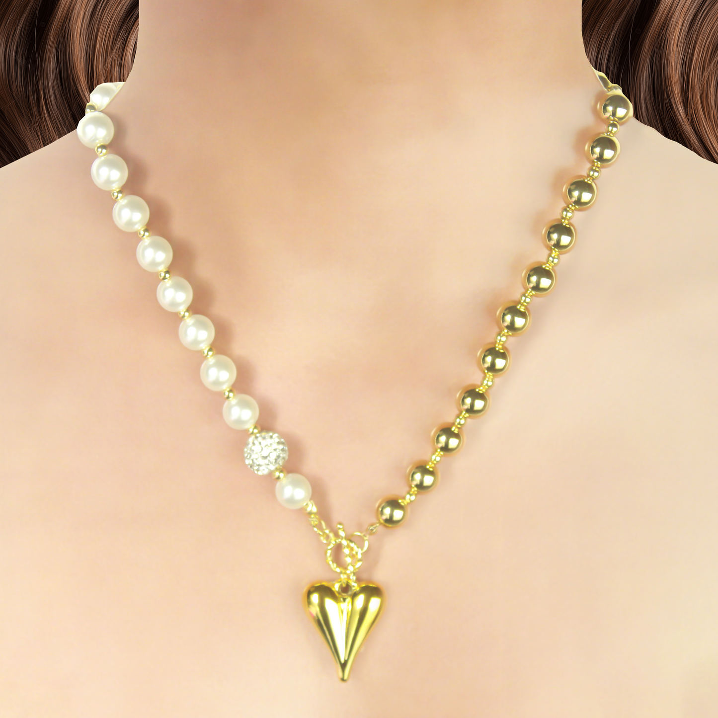 Collar Perlas Blancas y Doradas Corazon 2BB8