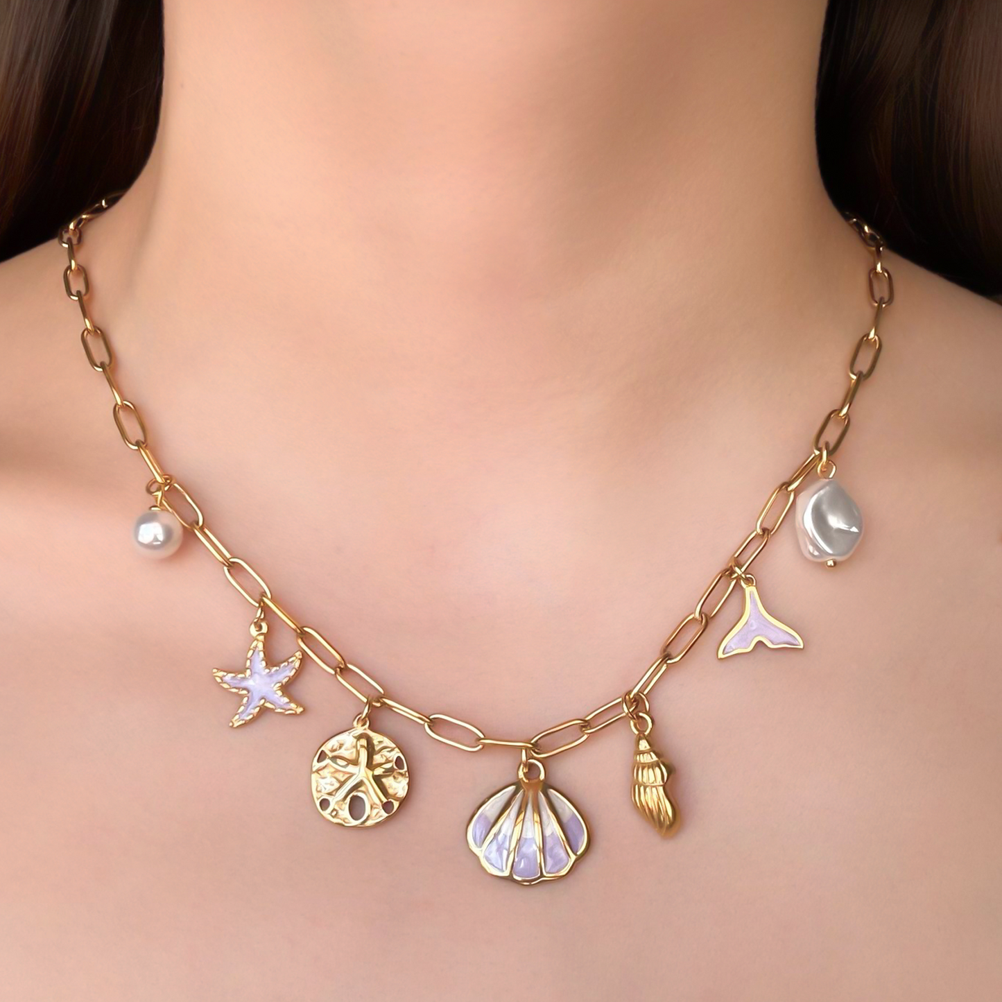 Collar Dorado Charms de Verano Lila Acero Inoxidable C680