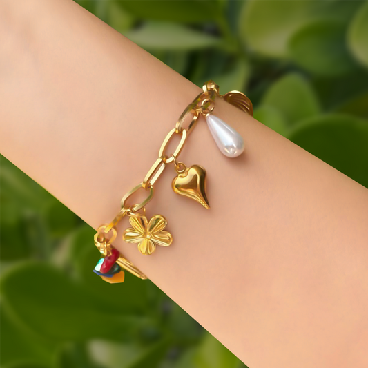 Pulsera Dorada Charms Colores Verano  Acero Inoxidable 3D2