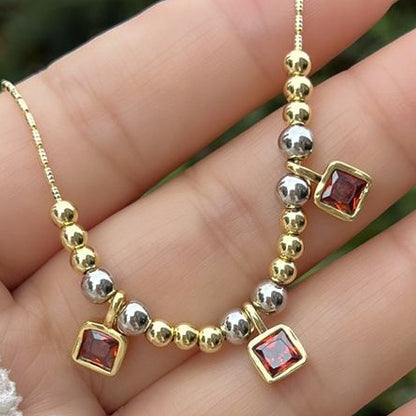 Collar Dorado Bolitas y Cuadritos Rojos Chapa de Oro C683
