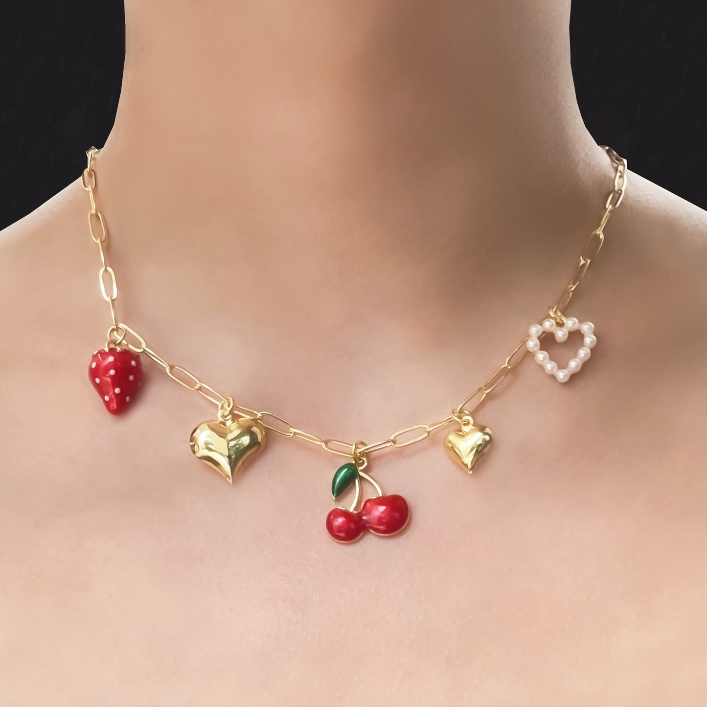 Collar Dorado Charms Fresa Cereza Corazón Acero Inoxidable 2A4