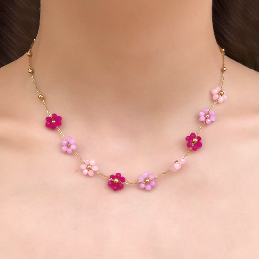Collar Dorado Flores Rosadas Cristal Acero Inoxidable