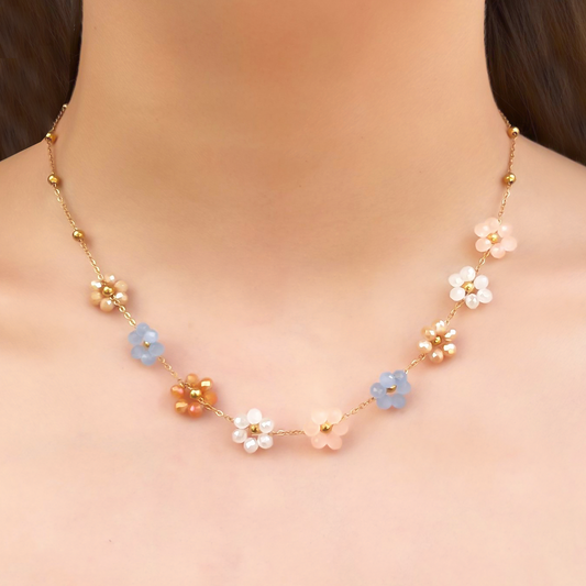 Collar Dorado Flores Colores Cristal Acero Inisxidable