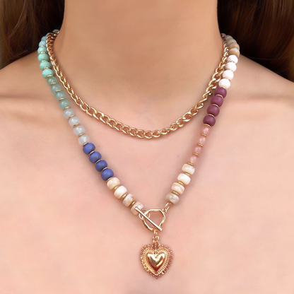 Collar Dorado y de Colores Doble Cuentas y Corazon