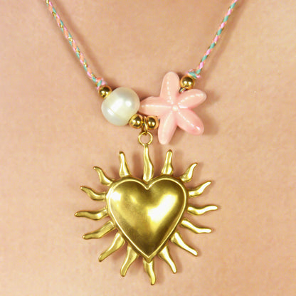 Collar de Cuerda Corazón Estrella Perla Acero Inoxidable 1j5