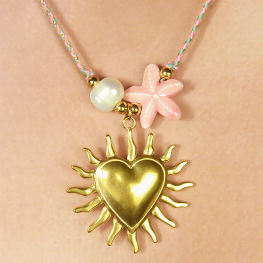Collar de Cuerda Corazón Estrella Perla Acero Inoxidable 1j5