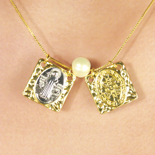 Collar Escapulario San Benito Oro-Plata Acero Inoxidable 2o5
