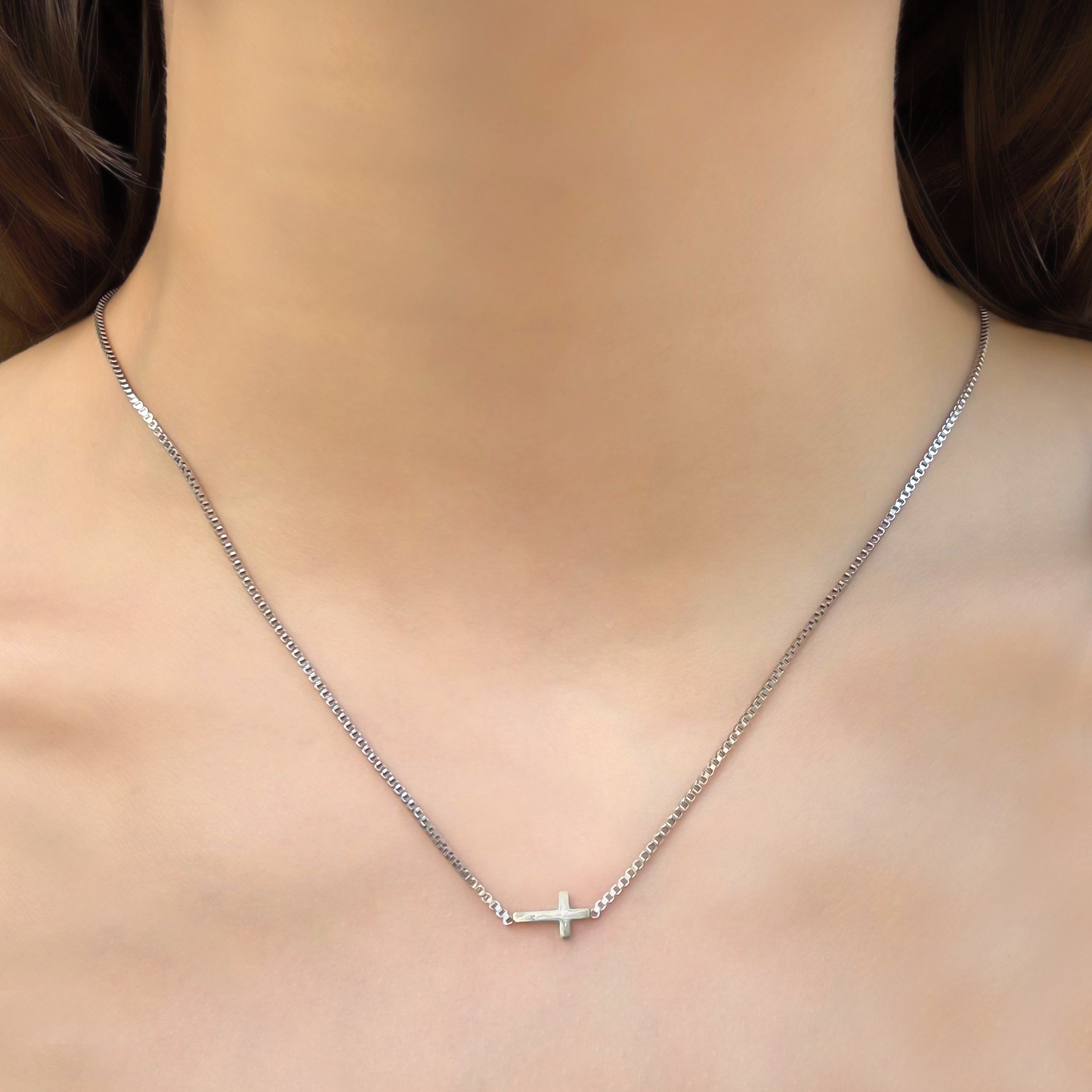 Collar Plateado Cruz Acostada Acero Inoxidable  3G1