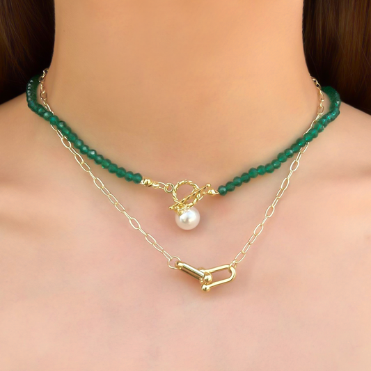 Collar Layer Dorado y Verde Cristales y Perla