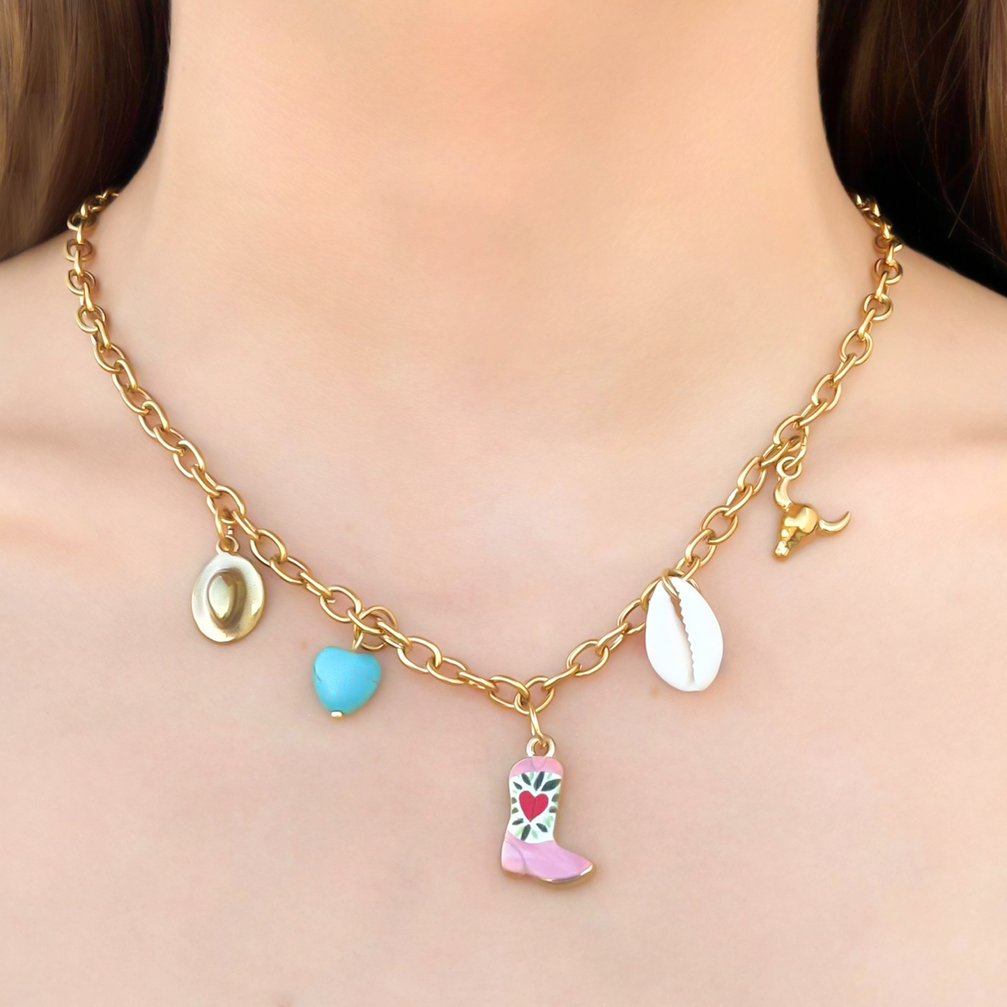Collar Dorado Charms Bota Rosa Acero Titanio