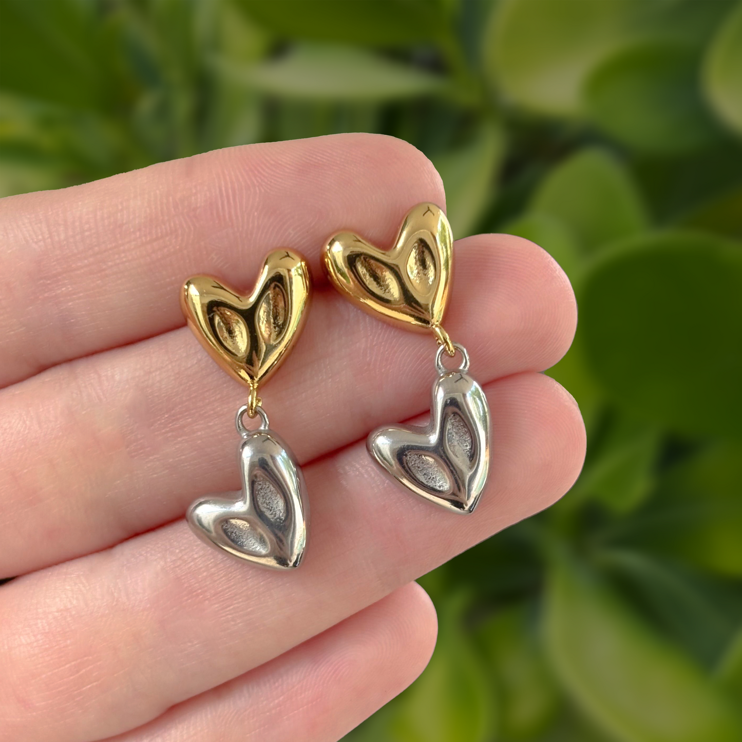 Aretes Oro-Plata Corazones Acero Inoxidable   1G1