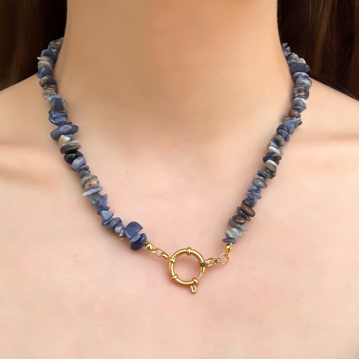 Collar Dorado Piedras Naturales Azules Acero Inoxidable