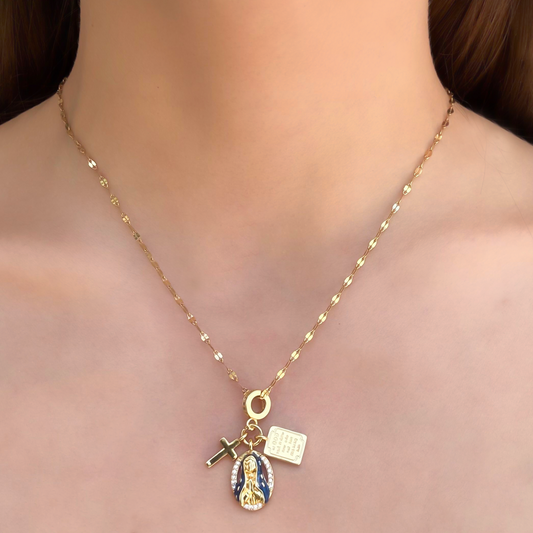 Collar Dorado Virgen Medalla Cruz  Acero de Titanio 3H4
