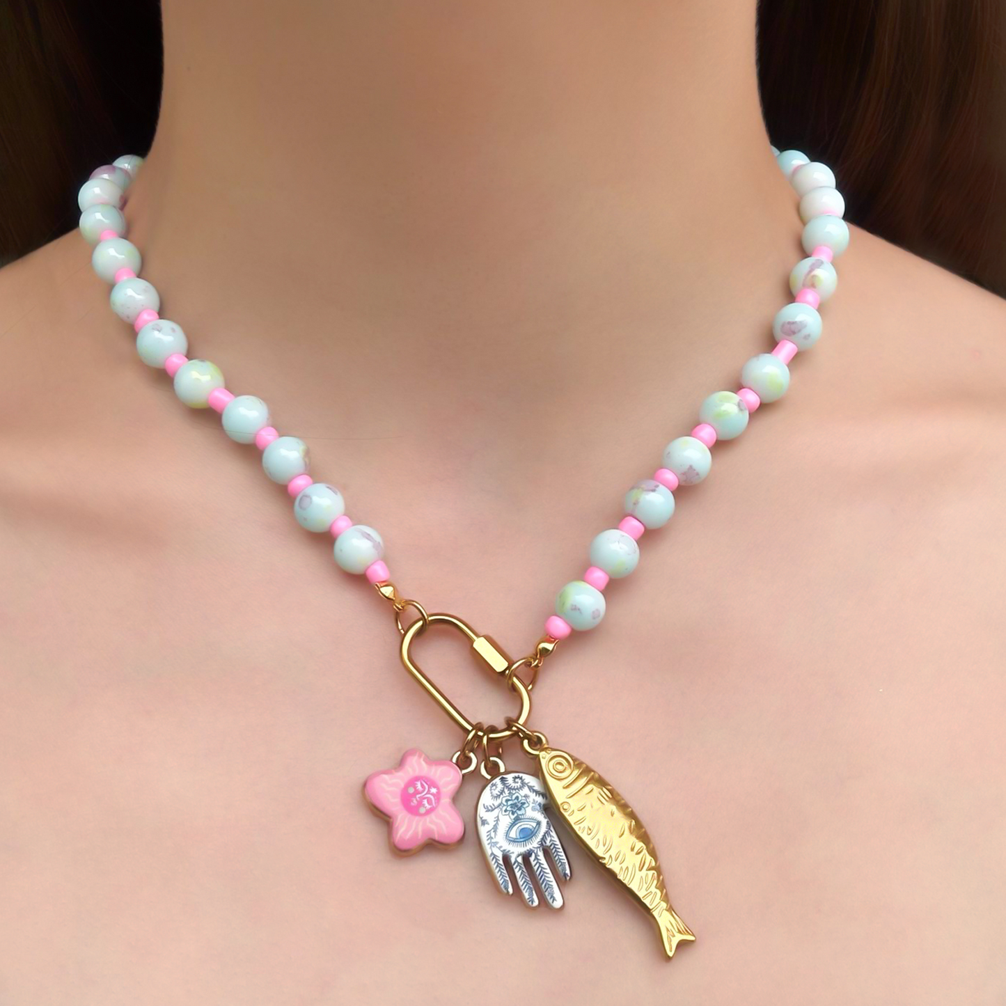 Collar Bolas Pez Flor Mano Acero de Titanio 3M8
