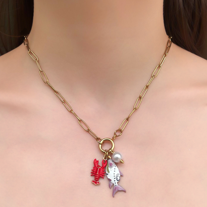 Collar Dorado Pez Langosta Perla Acero de Titanio 3K3