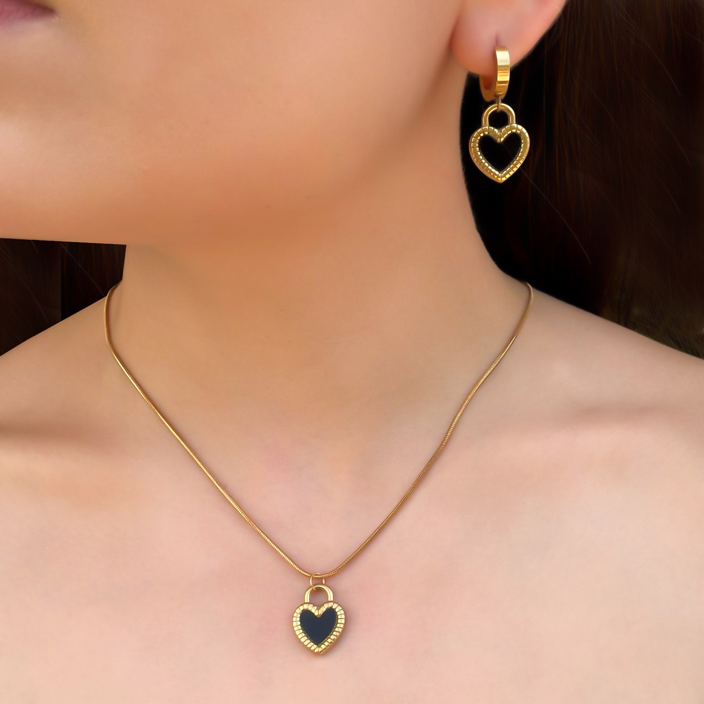 Set Collar y Aretes Corazón Doble Vista Acero Inoxidable 1G8