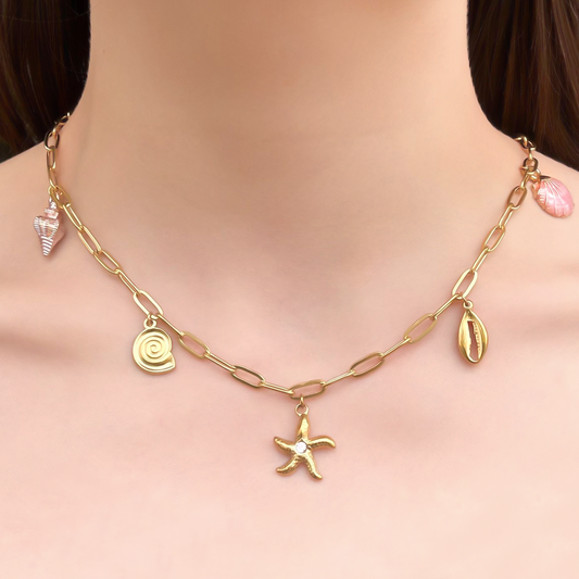 Collar Dorado Charms Conchas Pink Acero Inoxidable 1G7