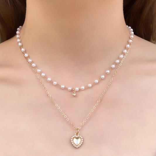 Collar Dorado Layer de Perlitas y Corazón  1T5