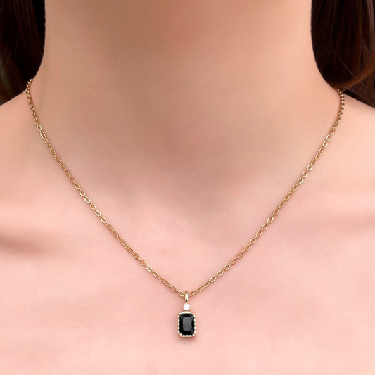 Collar Cuadro de Piedra Negra Zirconia Acero Inoxidable 2N1