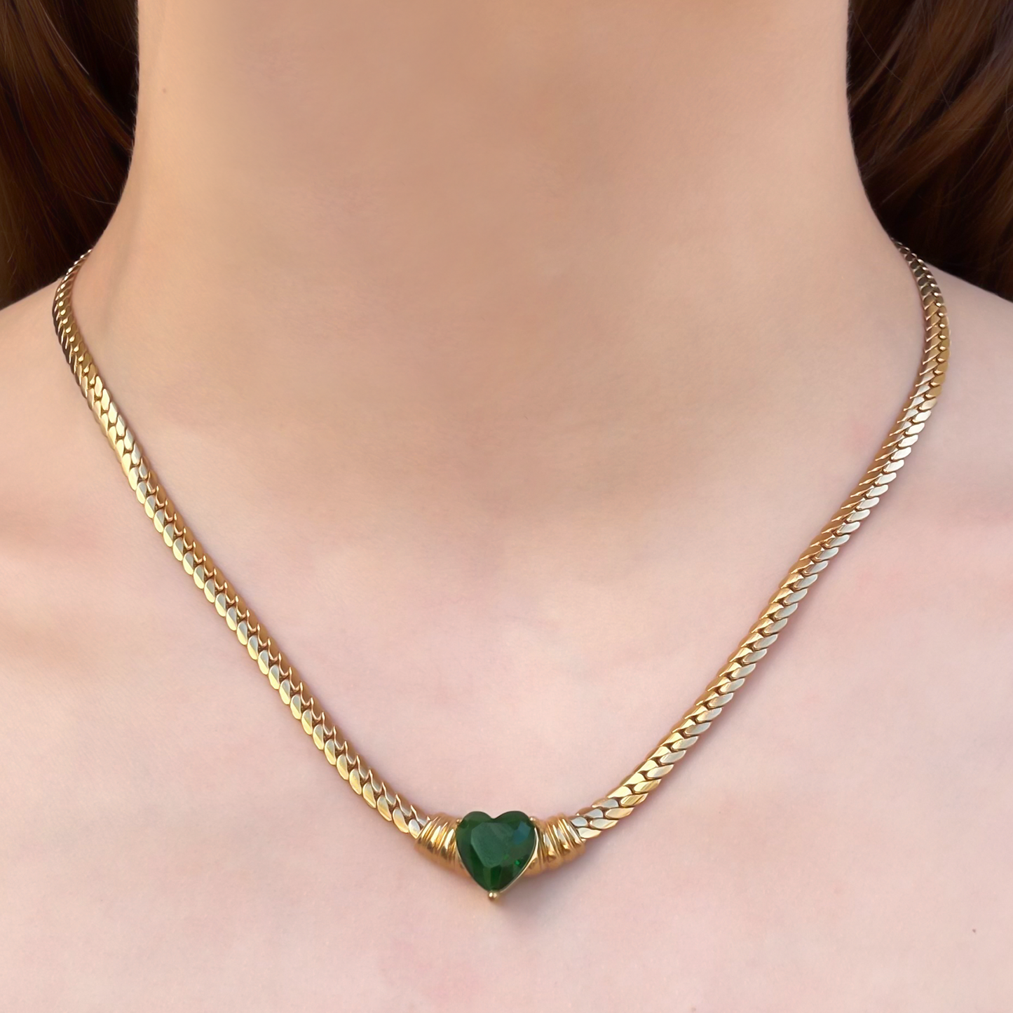 Collar Corazón de Piedra Verde  Acero Inoxidable 1T4