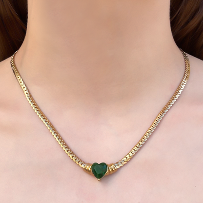 Collar Corazón de Piedra Verde  Acero Inoxidable 1T4