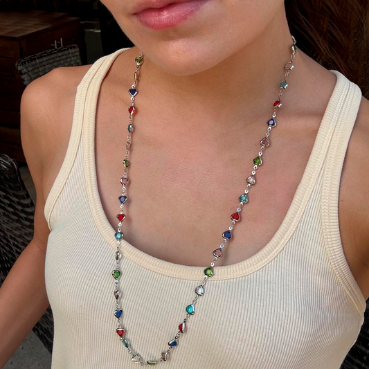 Collar Plateado y Cristales Corazones de Colores   2G6