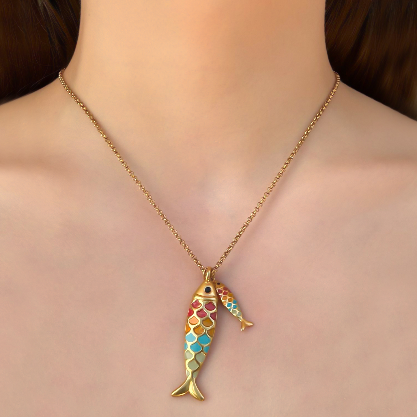 Collar Dorado Pescados de Colores Acero Inoxidable 3L6