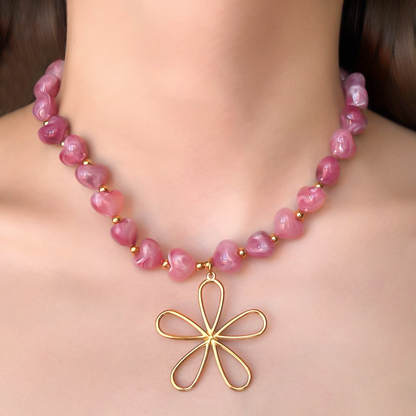 Collar de Flor y Corazones Morados Acero Inoxidable 1R4