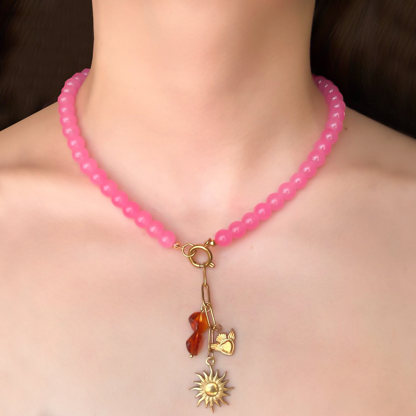 Collar Rosa Bolitas de Vidrio y Acero Inoxidable 3G4