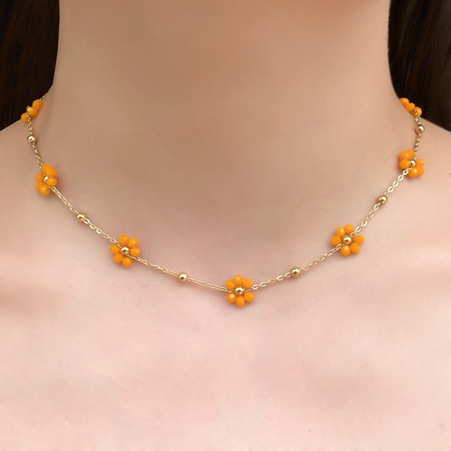 Collar Flores de Cristal Naranja  Acero Inoxidable 3D7