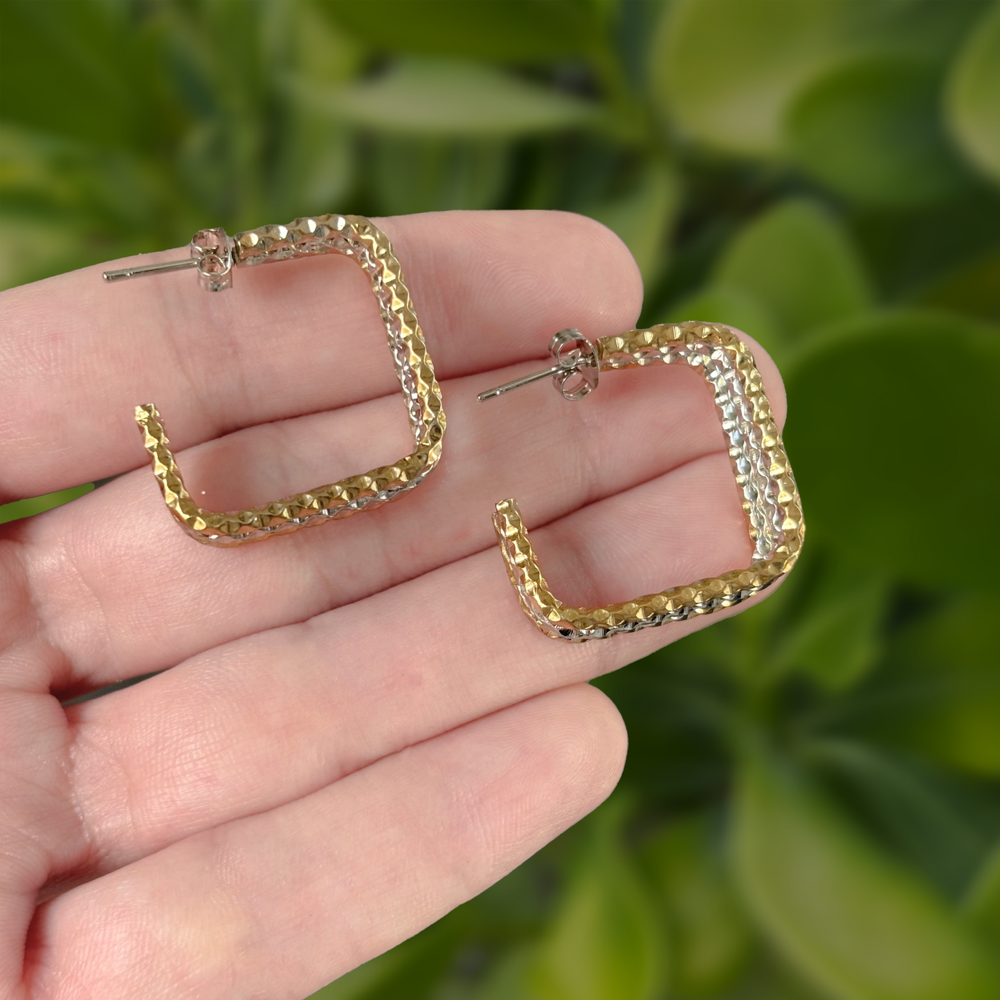 Aretes Arracada Cuadro Oro-Plata Acero Inoxidable  1Q3