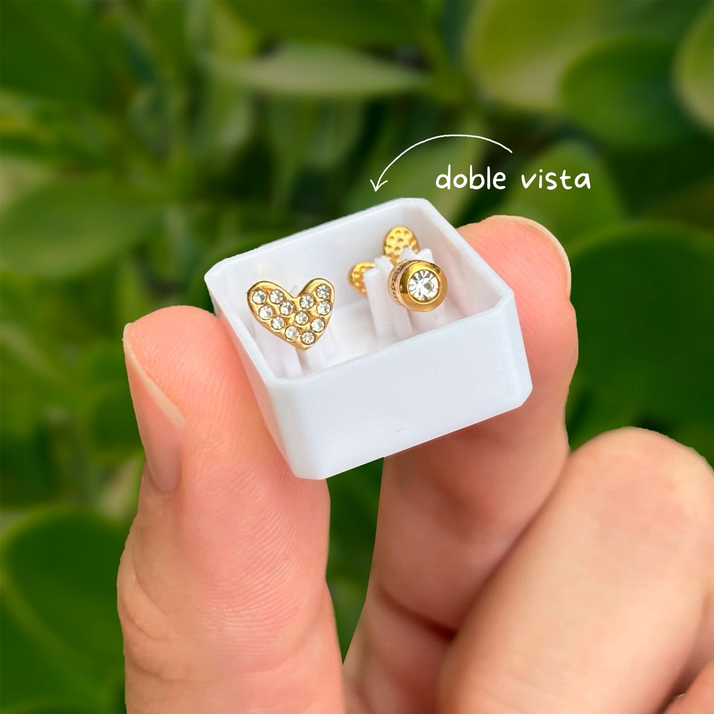 Aretes Dorados 2 Vistas Corazón y Zirconia Acero Titanio 1P3