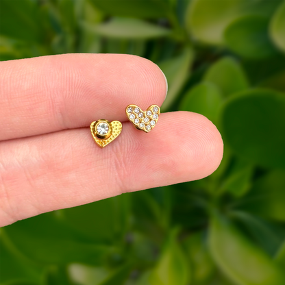 Aretes Dorados 2 Vistas Corazón y Zirconia Acero Titanio 1P3