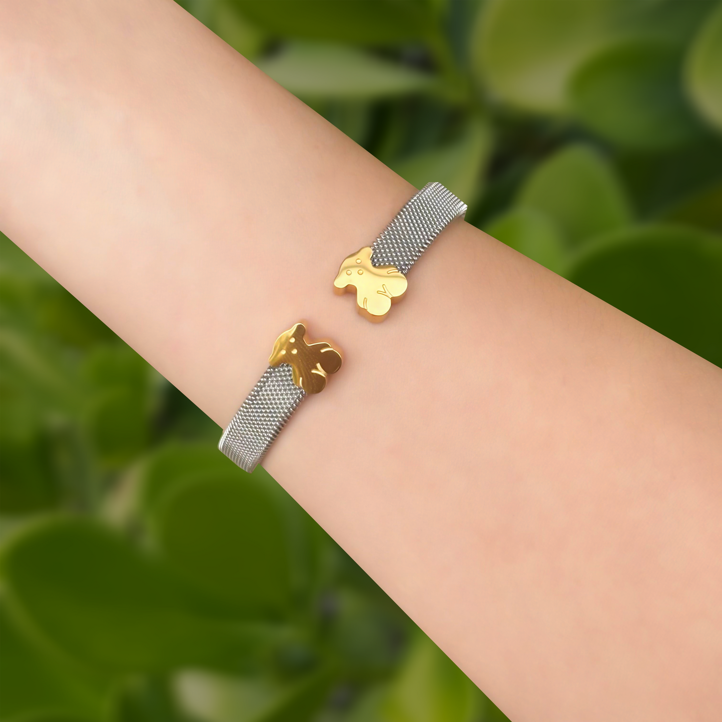 Pulsera Abierta Osos Oro-Plata Acero Inoxidable 1N5