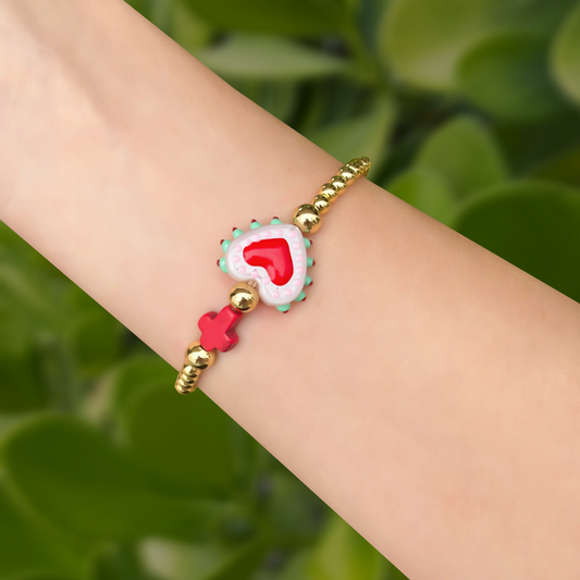 Pulsera Dorada Bolitas Corazón 1E3