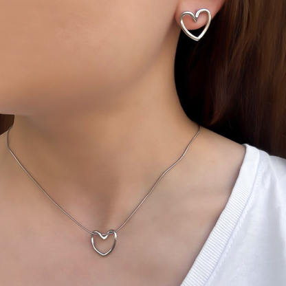 Collar y Aretes Plateado Corazón Enlazado Acero Inoxidable  2T3