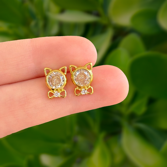 Aretes Gato Dorado con Zirconias Chapa de Oro Az184