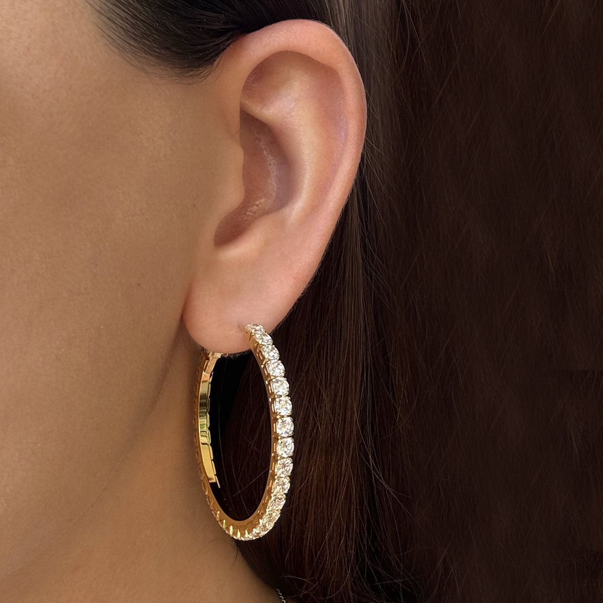 Aretes Arracada Grande Dorada Zirconias Blancas Chapa de Oro