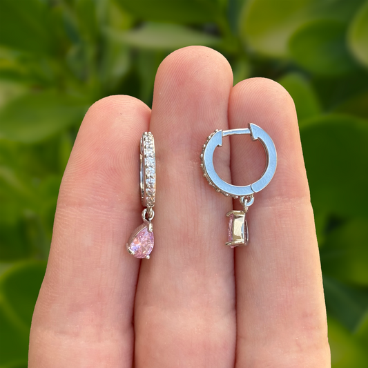 Aretes Arracada Plateada Zirconia Rosa Chapa de Oro Az435