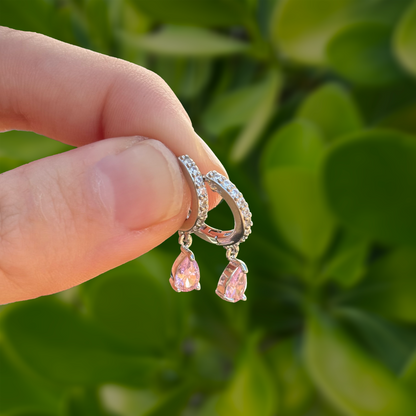 Aretes Arracada Plateada Zirconia Rosa Chapa de Oro Az435